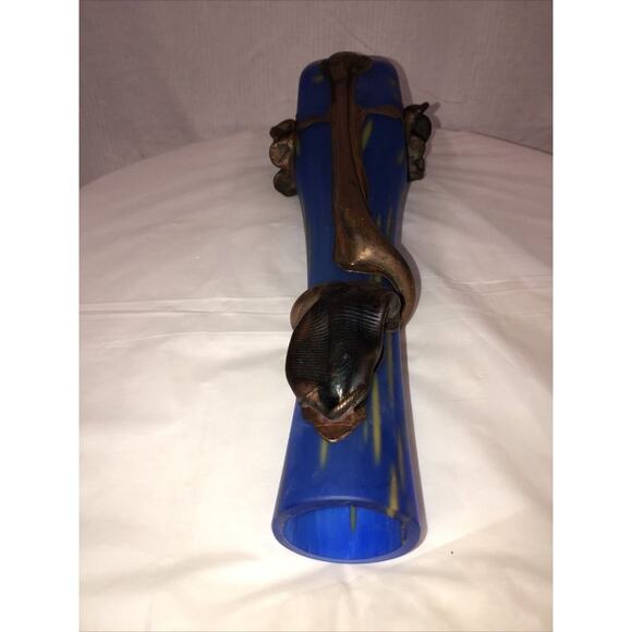 Handmade Blown Glass Vase Engraved with Metal Blue yellow Art Nouveau Style - Picture 10 of 11